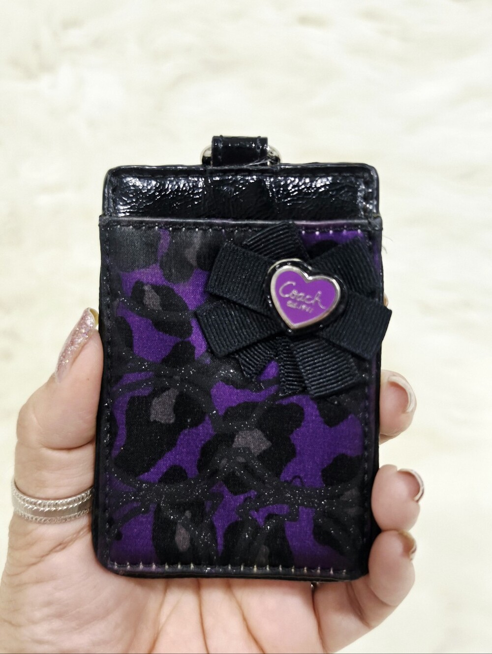 Coach Purple Floral ID Badge Holder Lanyard Black Patent Trim